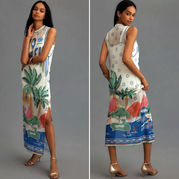 Anthropologie Farm Rio Graphic Mesh Sleeveless Midi Dress